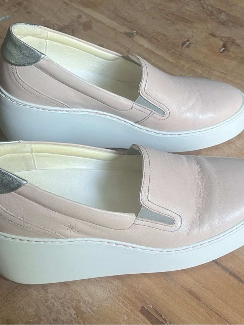 Size 10/11 Fly London Blush Pink Slip-On Platform Sneakers with Silver Accent